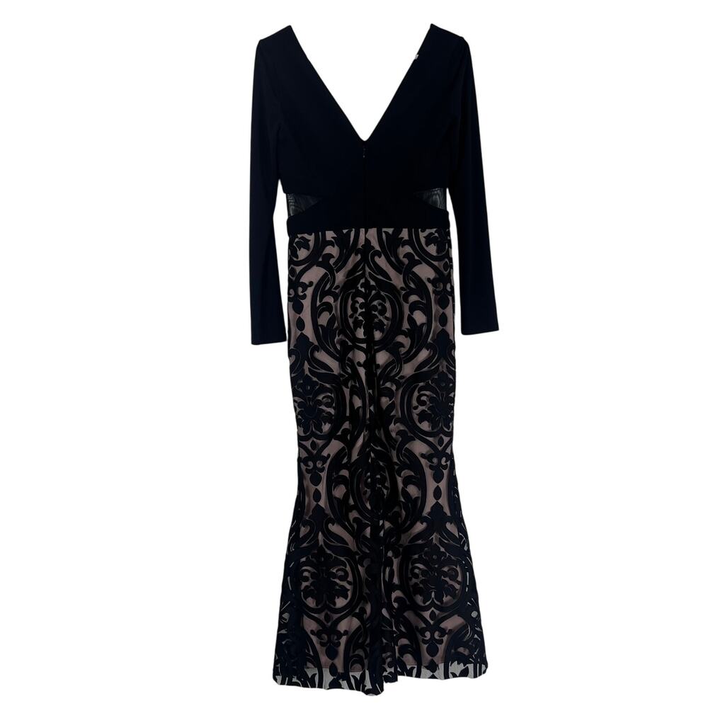 Xscape Black Flocked Mesh Mermaid Gown Long Sleeve Formal Dress 8 - Picture 8 of 9